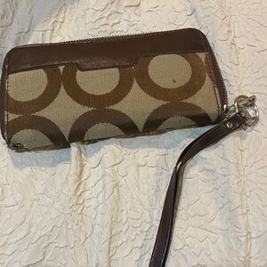 Brown and Tan Women's Wristlet